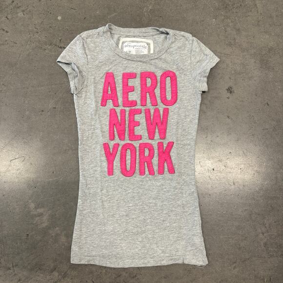 Vintage Y2K Aeropostale Spellout Baby Tee Pink Grey Embossed Graphic Small - Picture 1 of 5